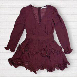Saints + Secrets Long Sleeve Tiered Ruffle Chiffon Wine Burgundy Plum Dress S